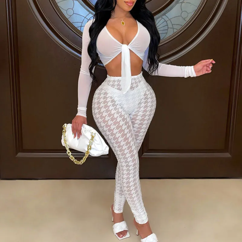 Houndstooth Pattern Long Sleeve Sheer Mesh Crop Top & Pants Set
