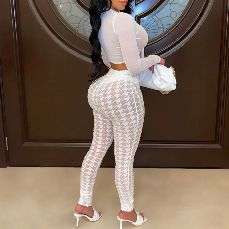 Houndstooth Pattern Long Sleeve Sheer Mesh Crop Top & Pants Set