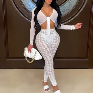 Houndstooth Pattern Long Sleeve Sheer Mesh Crop Top & Pants Set