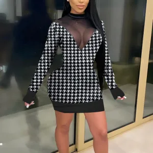 Houndstooth Sheer Mesh Patchwork Long Sleeve Dress