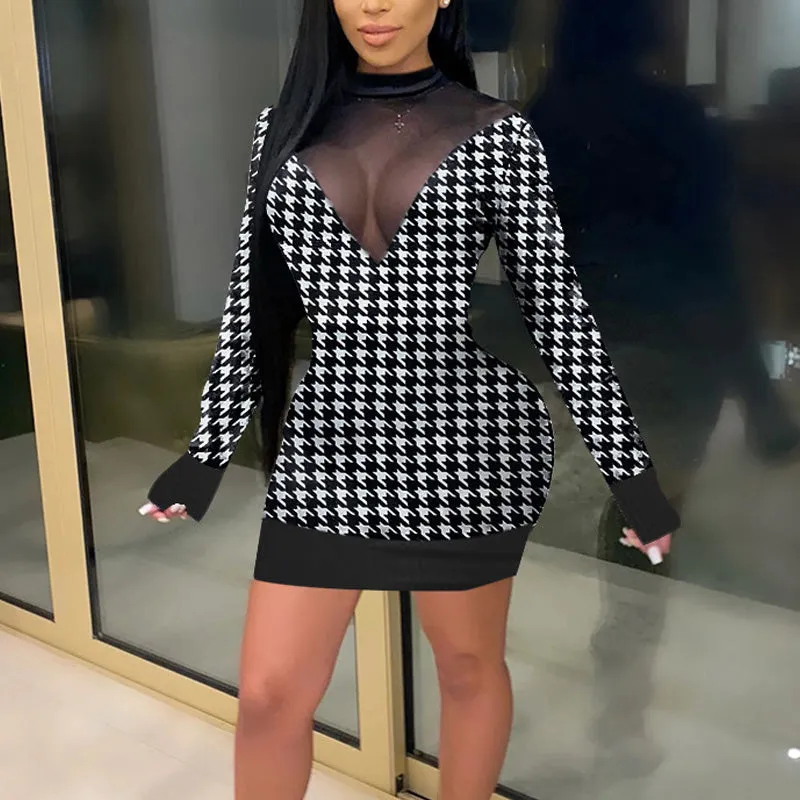 Houndstooth Sheer Mesh Patchwork Long Sleeve Dress
