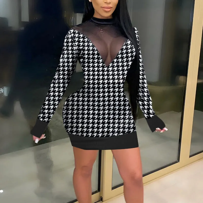 Houndstooth Sheer Mesh Patchwork Long Sleeve Dress