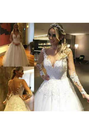 Illusion Deep V Neck Pearls Beaded Backless Sheer See Through Lace Wedding Dress-715332