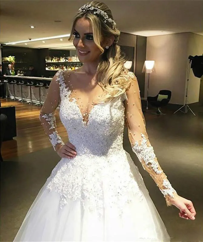 Illusion Deep V Neck Pearls Beaded Backless Sheer See Through Lace Wedding Dress-715332