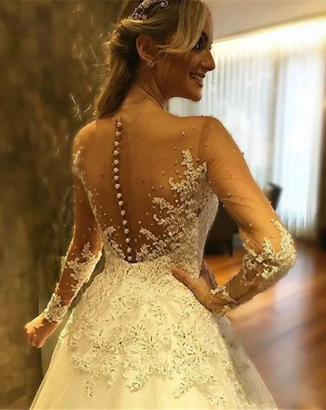 Illusion Deep V Neck Pearls Beaded Backless Sheer See Through Lace Wedding Dress-715332