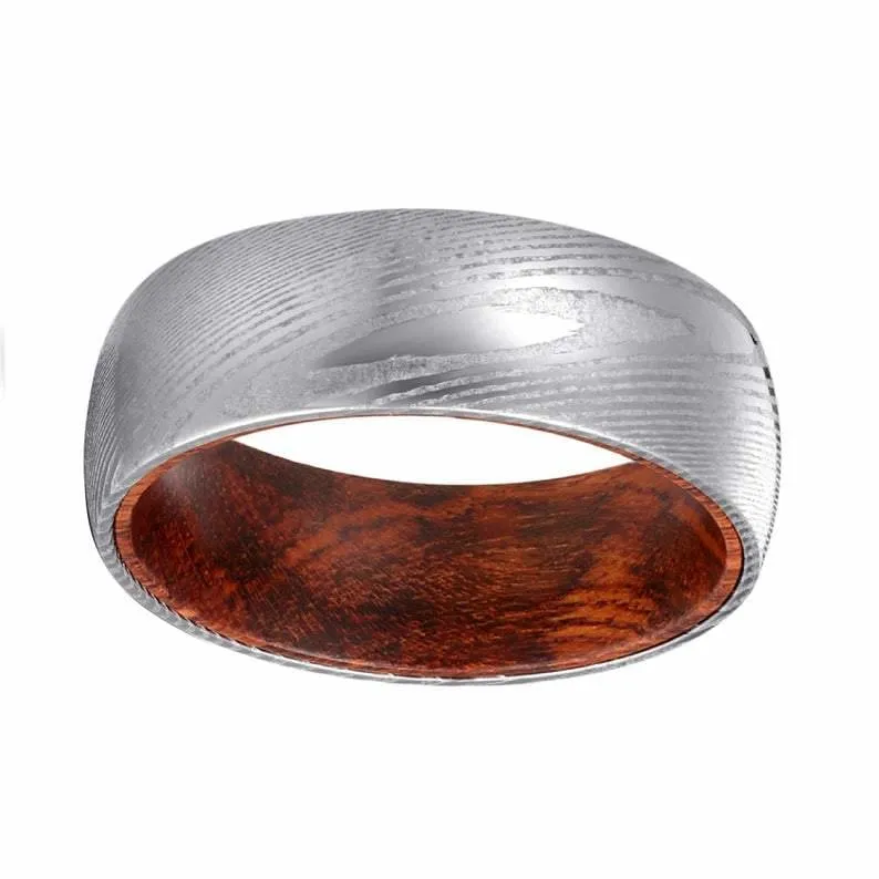 JACOP Men's Domed Damascus Steel Ring with Snake Wood Sleeve - 8mm