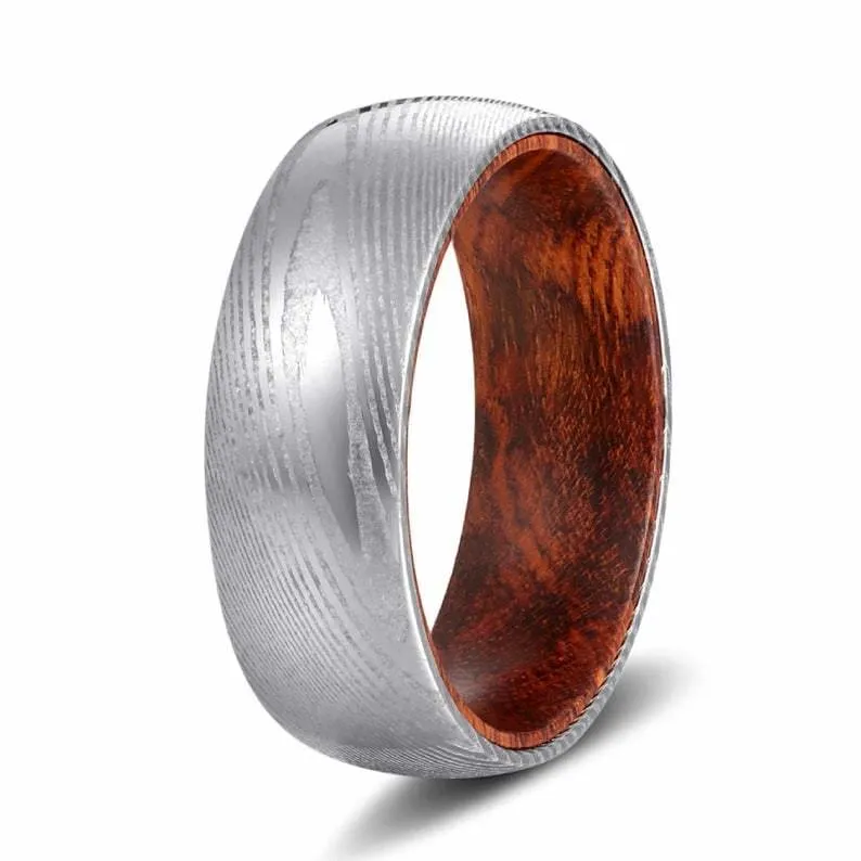 JACOP Men's Domed Damascus Steel Ring with Snake Wood Sleeve - 8mm