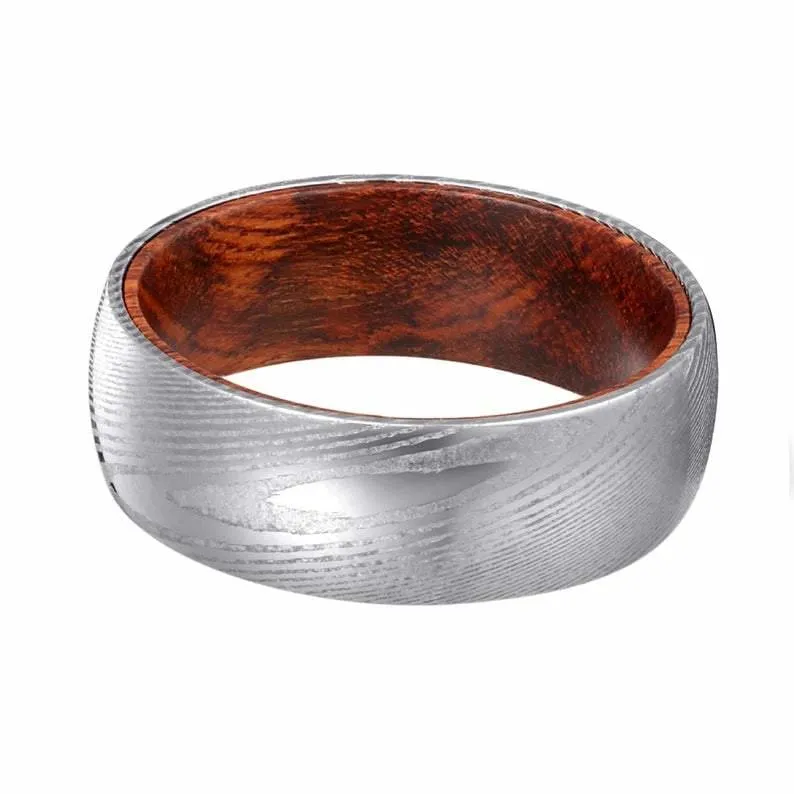 JACOP Men's Domed Damascus Steel Ring with Snake Wood Sleeve - 8mm