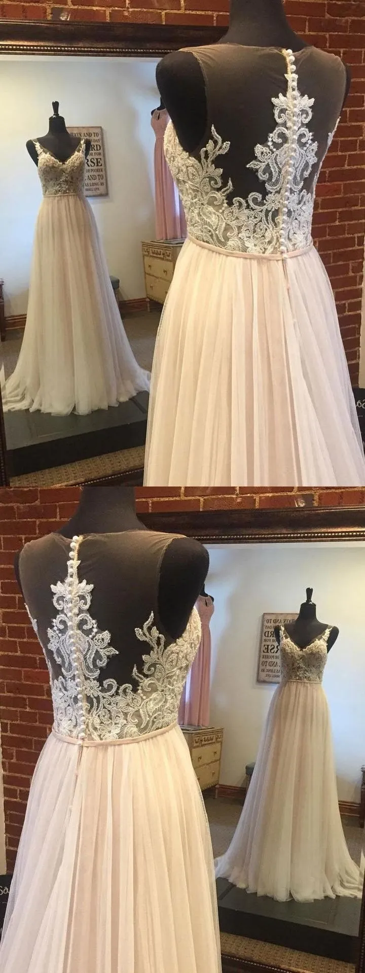 Lace V Neck See Through A-line Cheap Wedding Dresses Online, WD356