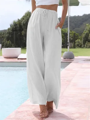 Ladies Relaxed Cotton Linen Drawstring Wide Leg Pants
