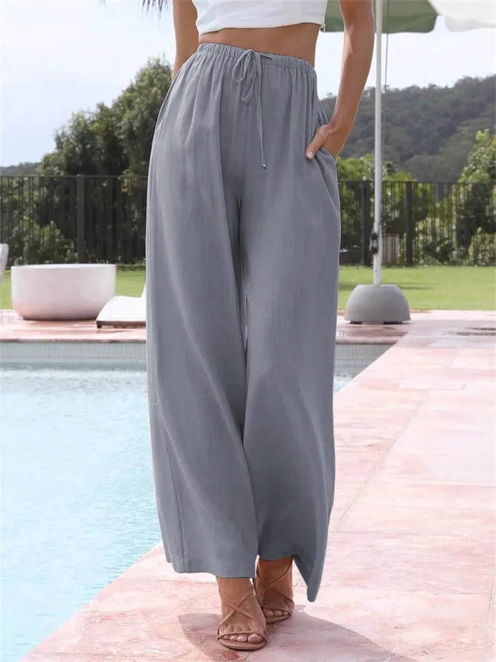 Ladies Relaxed Cotton Linen Drawstring Wide Leg Pants