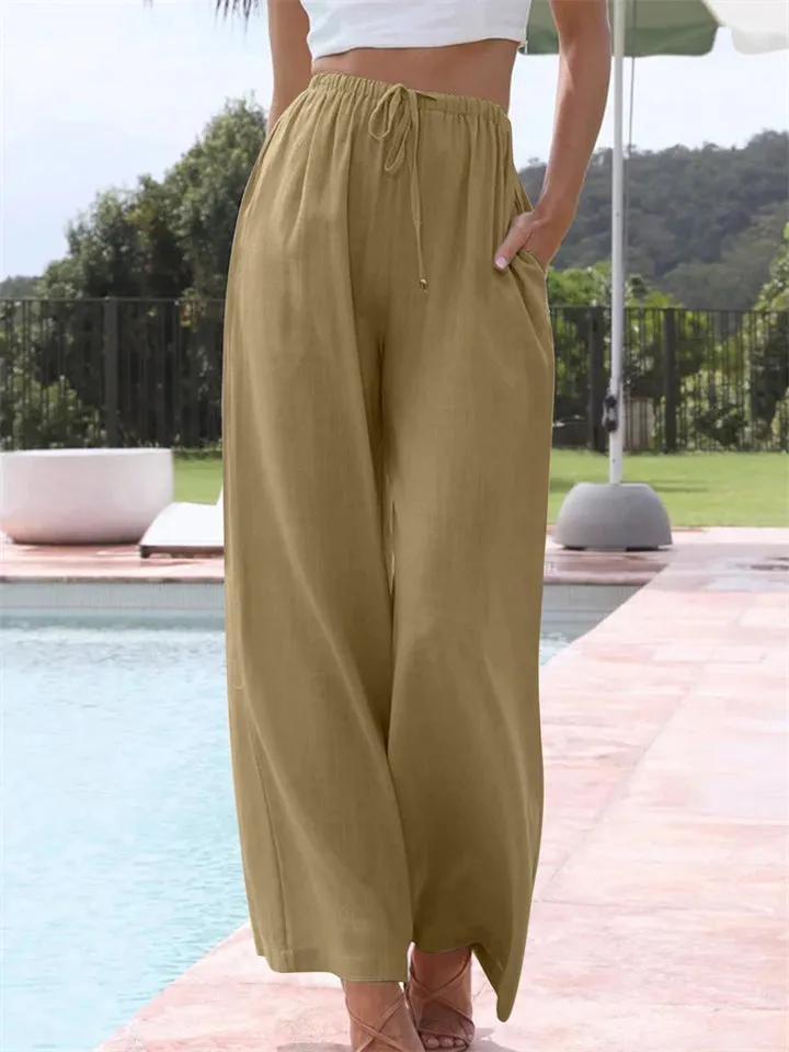 Ladies Relaxed Cotton Linen Drawstring Wide Leg Pants