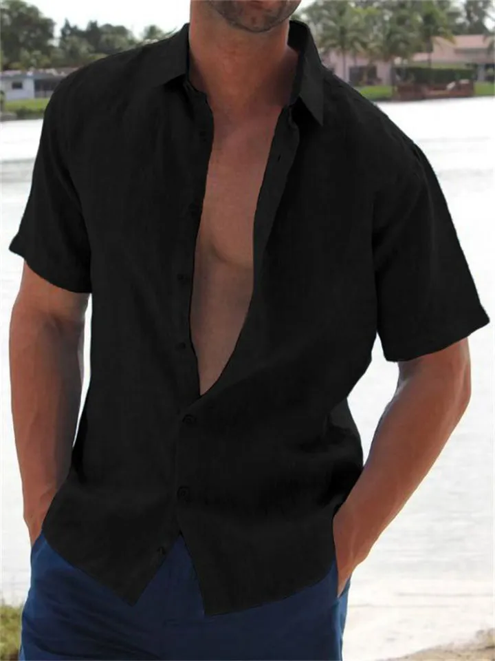 Lapel Solid Color Short Sleeve Linen Shirts