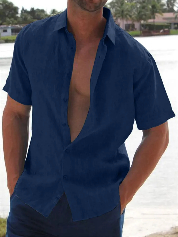 Lapel Solid Color Short Sleeve Linen Shirts