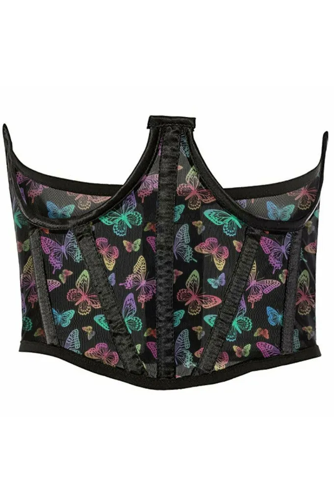 Lavish Neon Butterfly Print Mesh Open Cup Waist Cincher