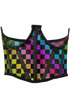 Lavish Rainbow Checkers Print Mesh Open Cup Waist Cincher