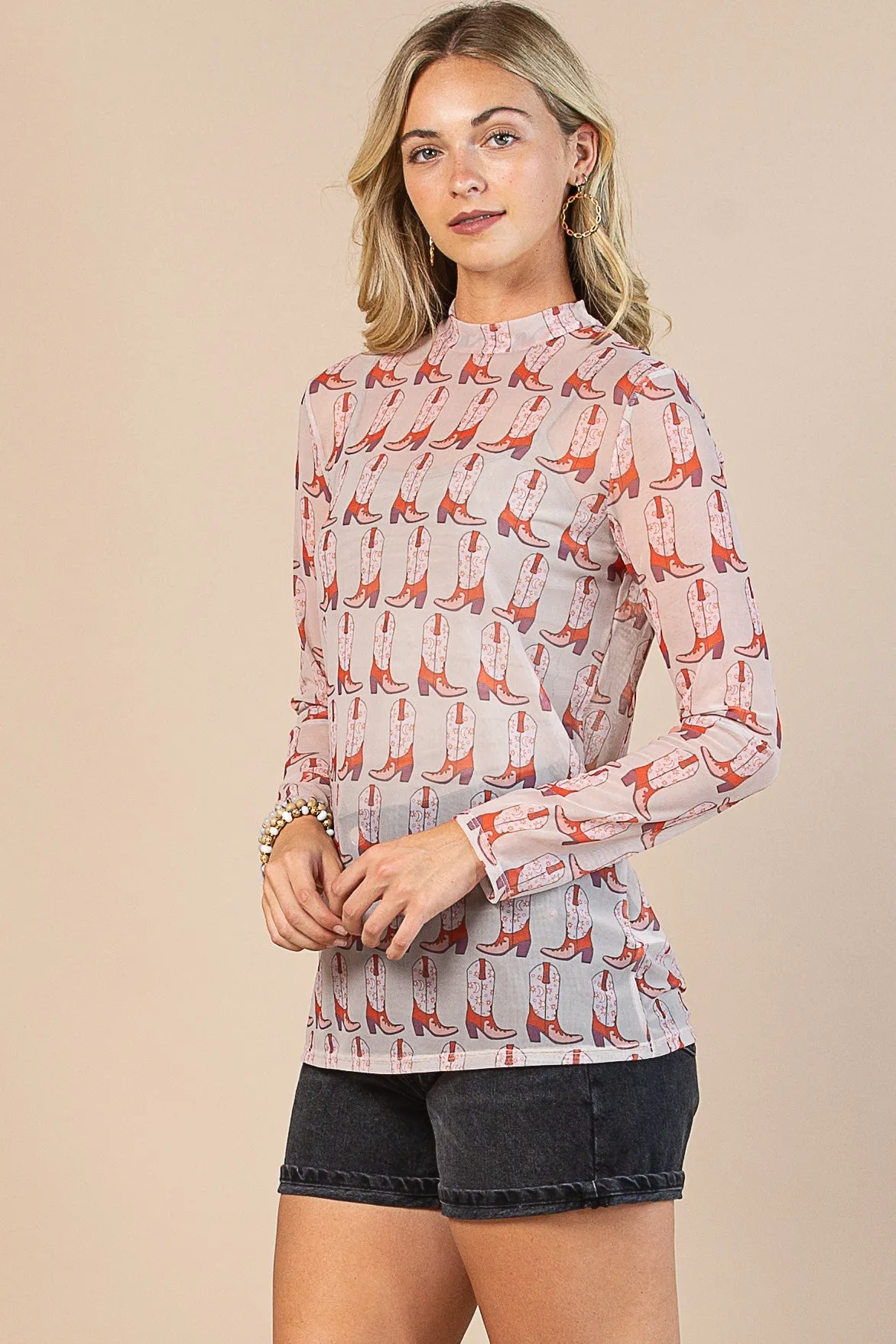Leah Western Boots Print Semi Sheer Mesh Top