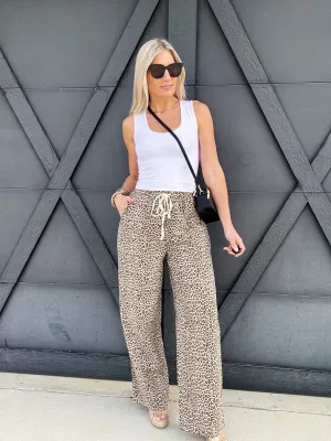 Leopard Wide Leg Linen Pants In Beige
