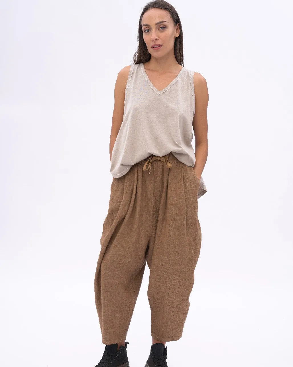 Linen Drawstring Pleated Pants