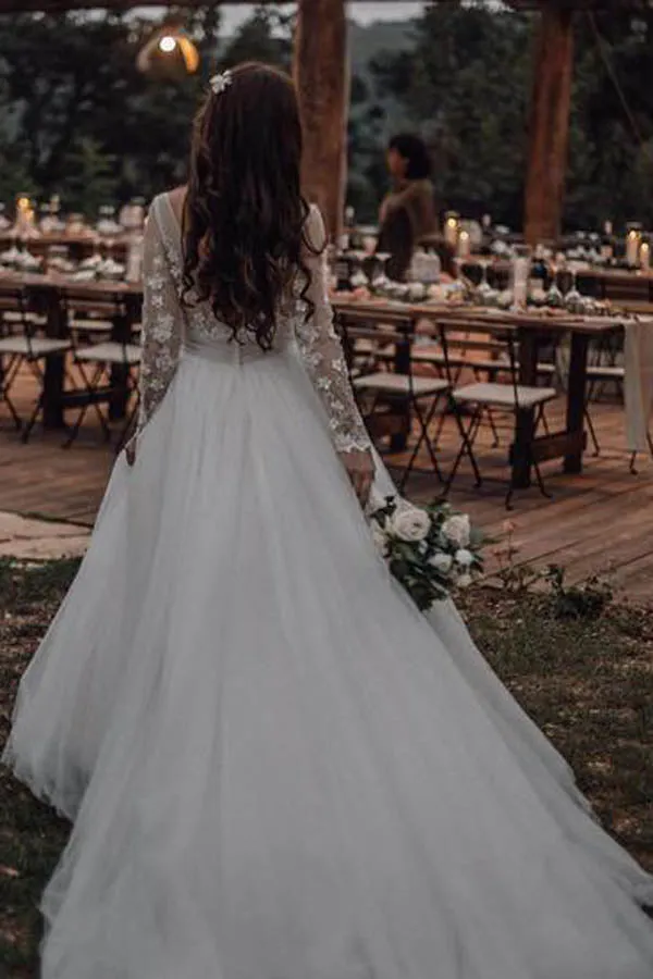 Long Sleeve Boho See Through Wedding Dresses Lace Applique,MW268