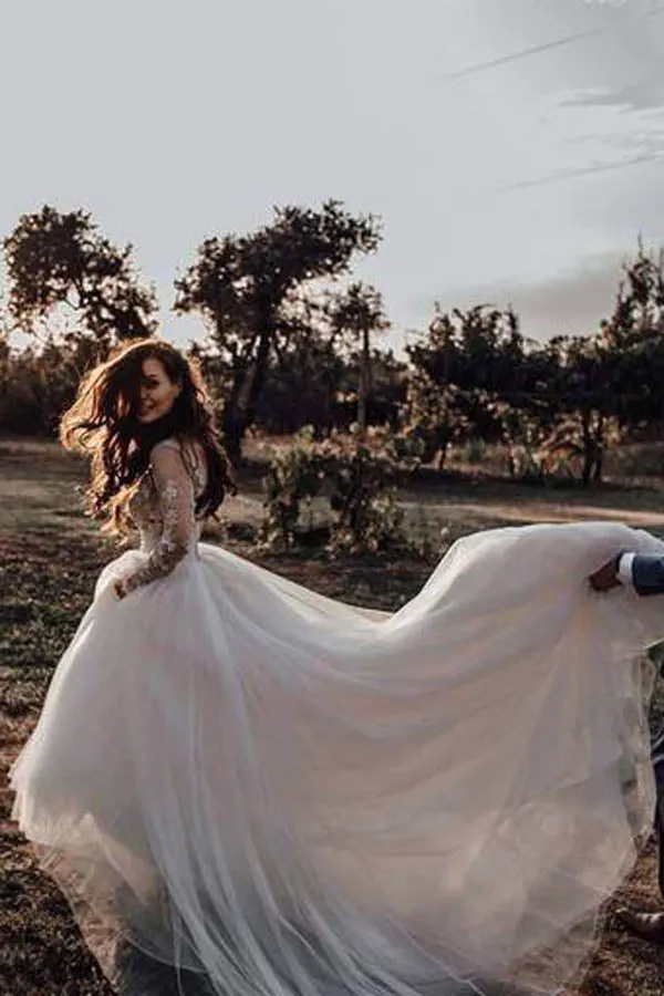 Long Sleeve Boho See Through Wedding Dresses Lace Applique,MW268
