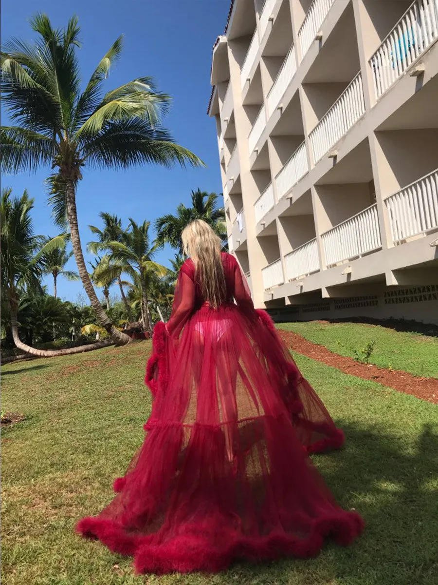 Long Sleeve Fluffy See Through Evening Maternity Dress