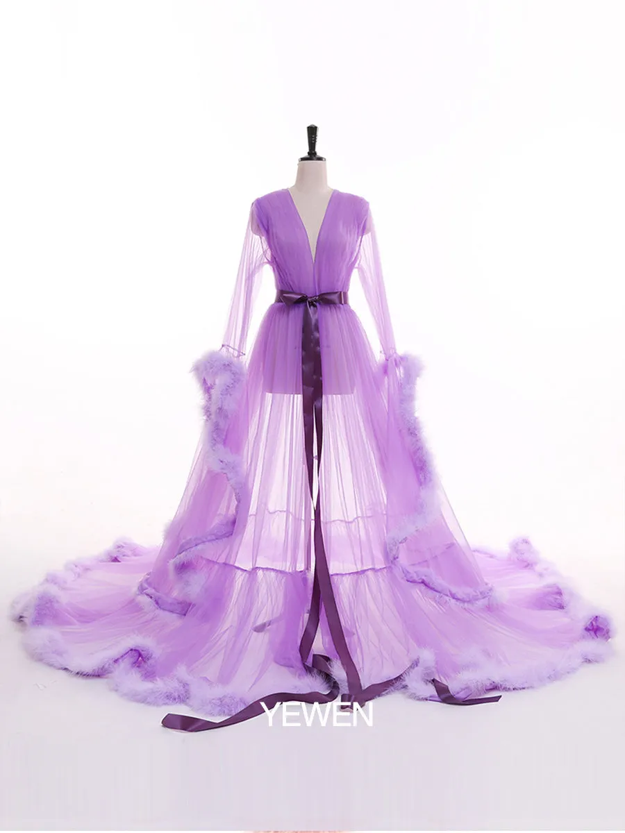 Long Sleeve Fluffy See Through Evening Maternity Dress