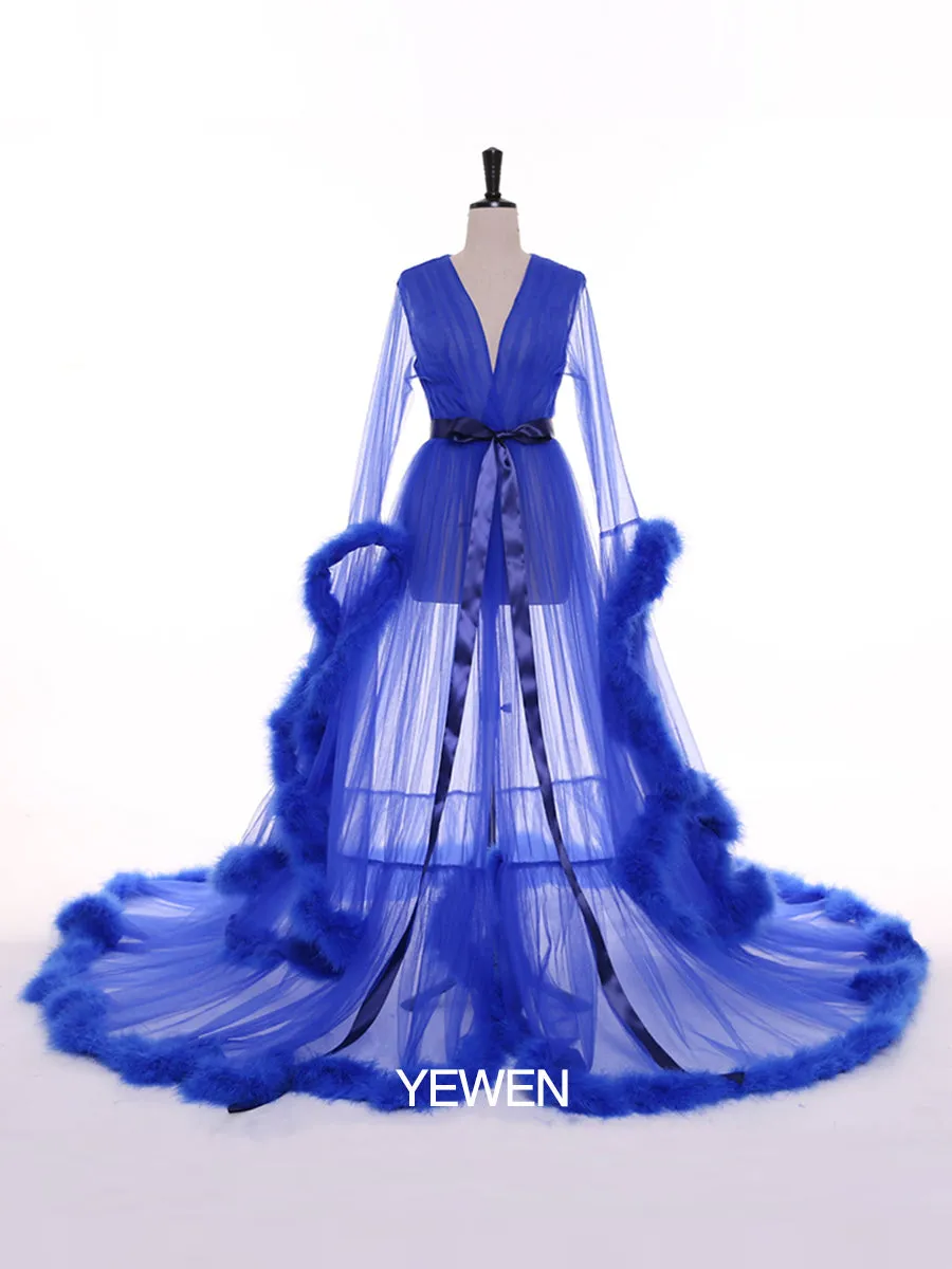 Long Sleeve Fluffy See Through Evening Maternity Dress