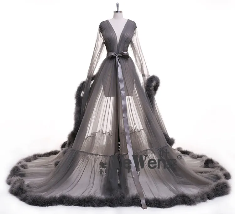 Long Sleeve Fluffy See Through Evening Maternity Dress