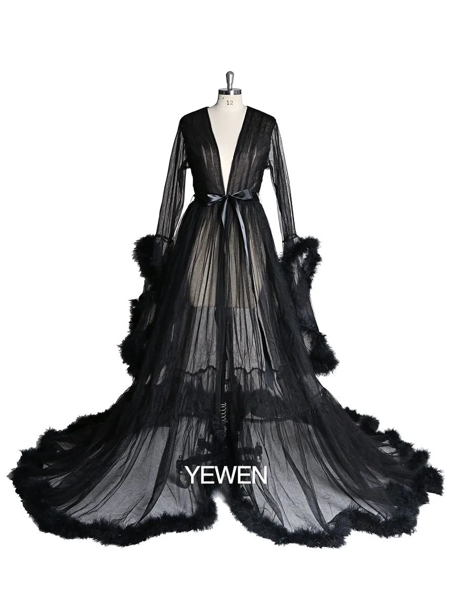 Long Sleeve Fluffy See Through Evening Maternity Dress