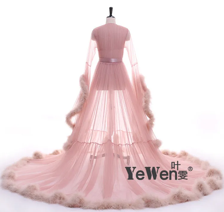 Long Sleeve Fluffy See Through Evening Maternity Dress