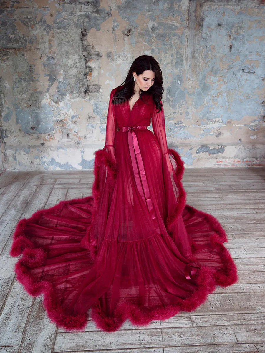 Long Sleeve Fluffy See Through Evening Maternity Dress
