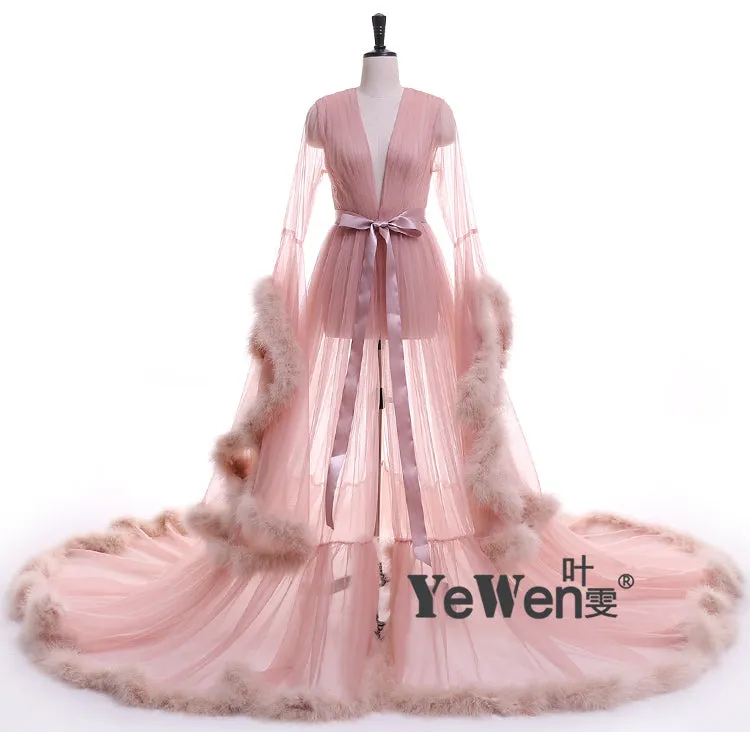 Long Sleeve Fluffy See Through Evening Maternity Dress