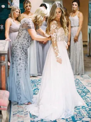 Long Sleeves See Through Cheap Wedding Dresses, Sexy Backless A-line Bridal Dresses, QB0384