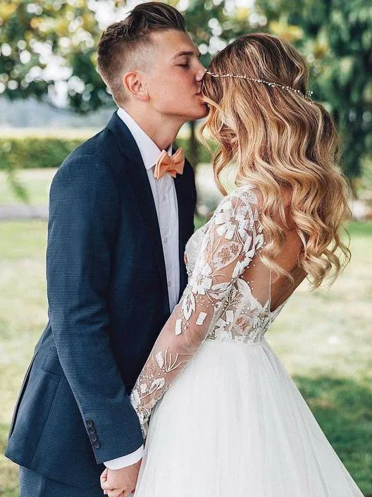 Long Sleeves See Through Cheap Wedding Dresses, Sexy Backless A-line Bridal Dresses, QB0384