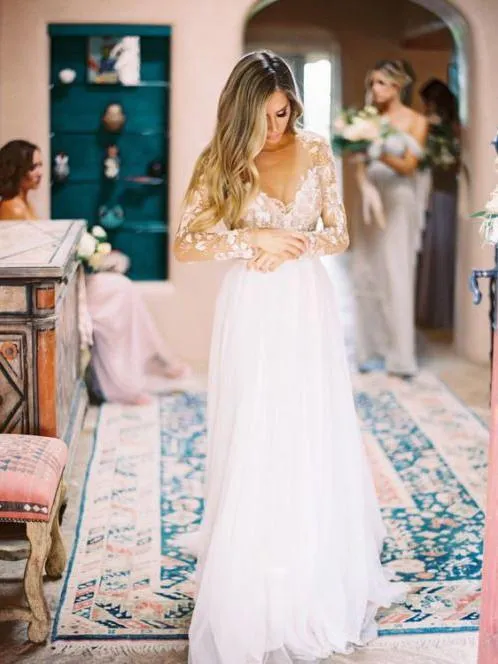 Long Sleeves See Through Cheap Wedding Dresses, Sexy Backless A-line Bridal Dresses, QB0384