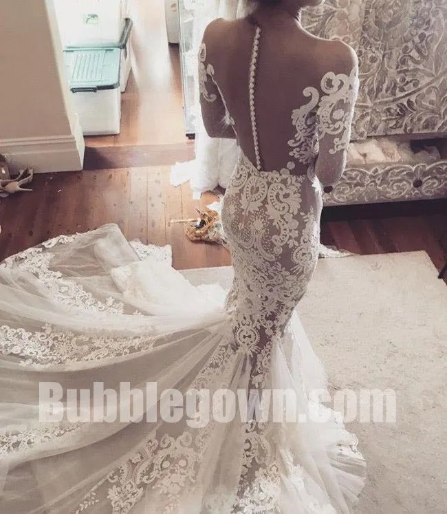 Long Sleeves Seen Through Applique Lace Mermaid Bridal Long Wedding Dresses, BGW011