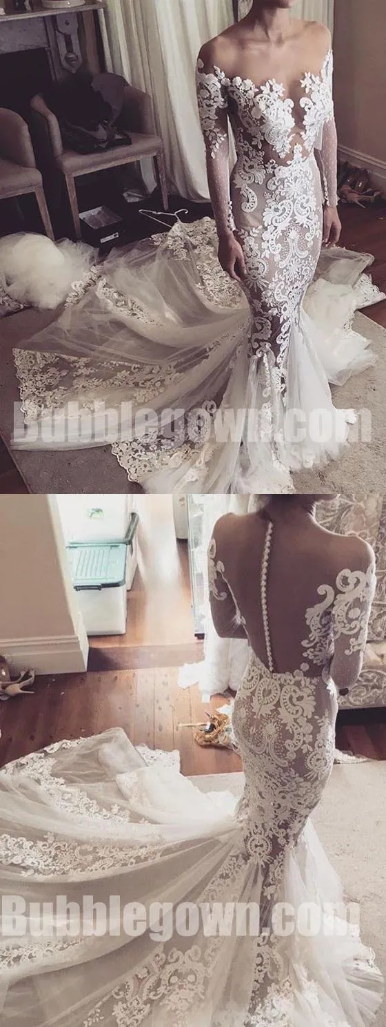Long Sleeves Seen Through Applique Lace Mermaid Bridal Long Wedding Dresses, BGW011