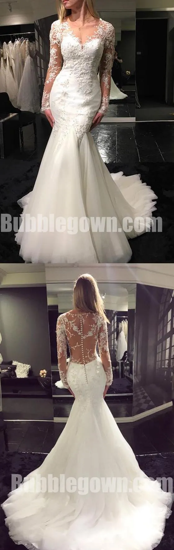 Long Sleeves Seen Through Back Mermaid Charming Long Wedding Dresses, BGW012
