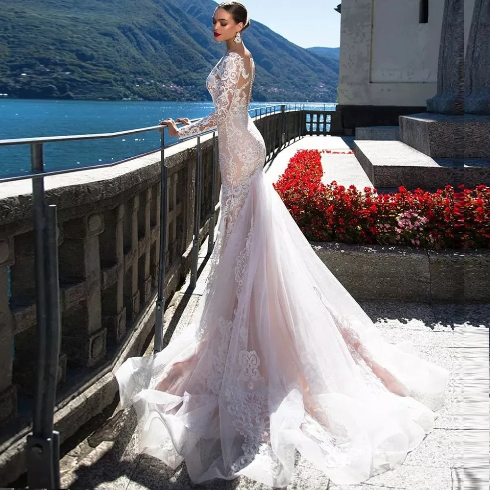 Luxury Mermaid Wedding Dress Long Sleeve And Sexy See Through Back