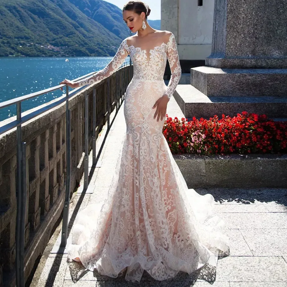 Luxury Mermaid Wedding Dress Long Sleeve And Sexy See Through Back