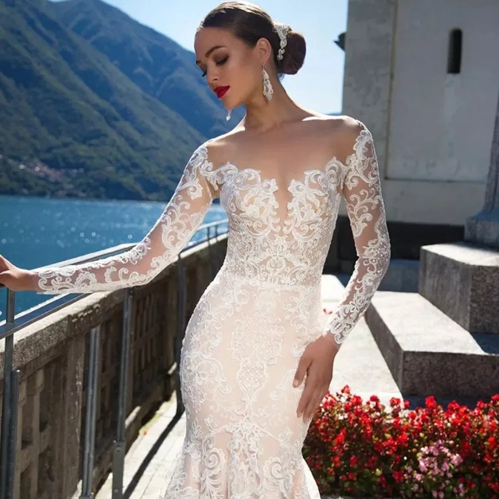 Luxury Mermaid Wedding Dress Long Sleeve And Sexy See Through Back