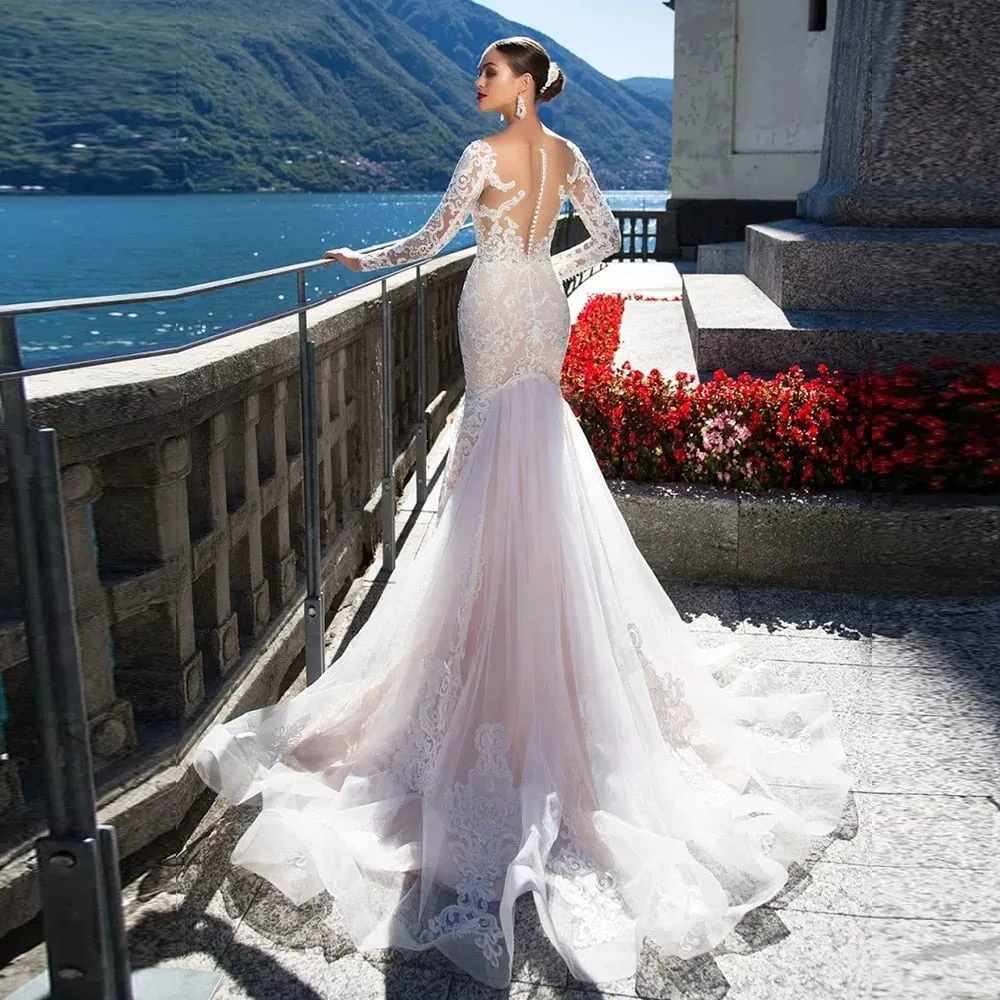 Luxury Mermaid Wedding Dress Long Sleeve And Sexy See Through Back