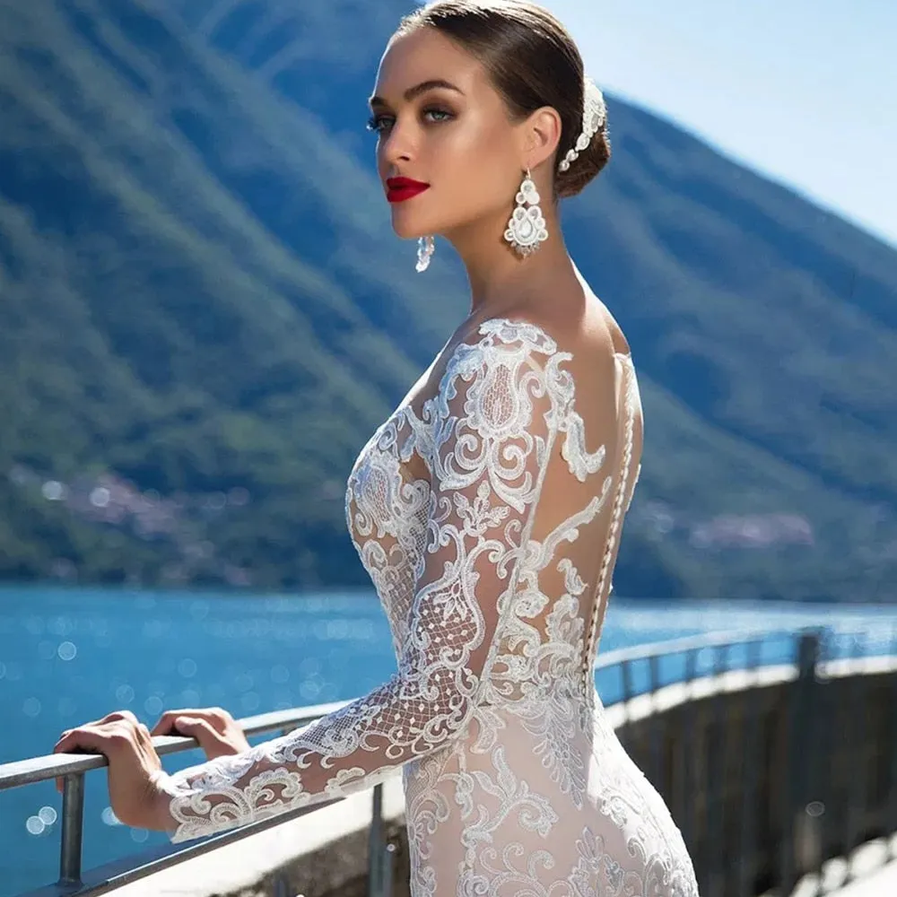 Luxury Mermaid Wedding Dress Long Sleeve And Sexy See Through Back