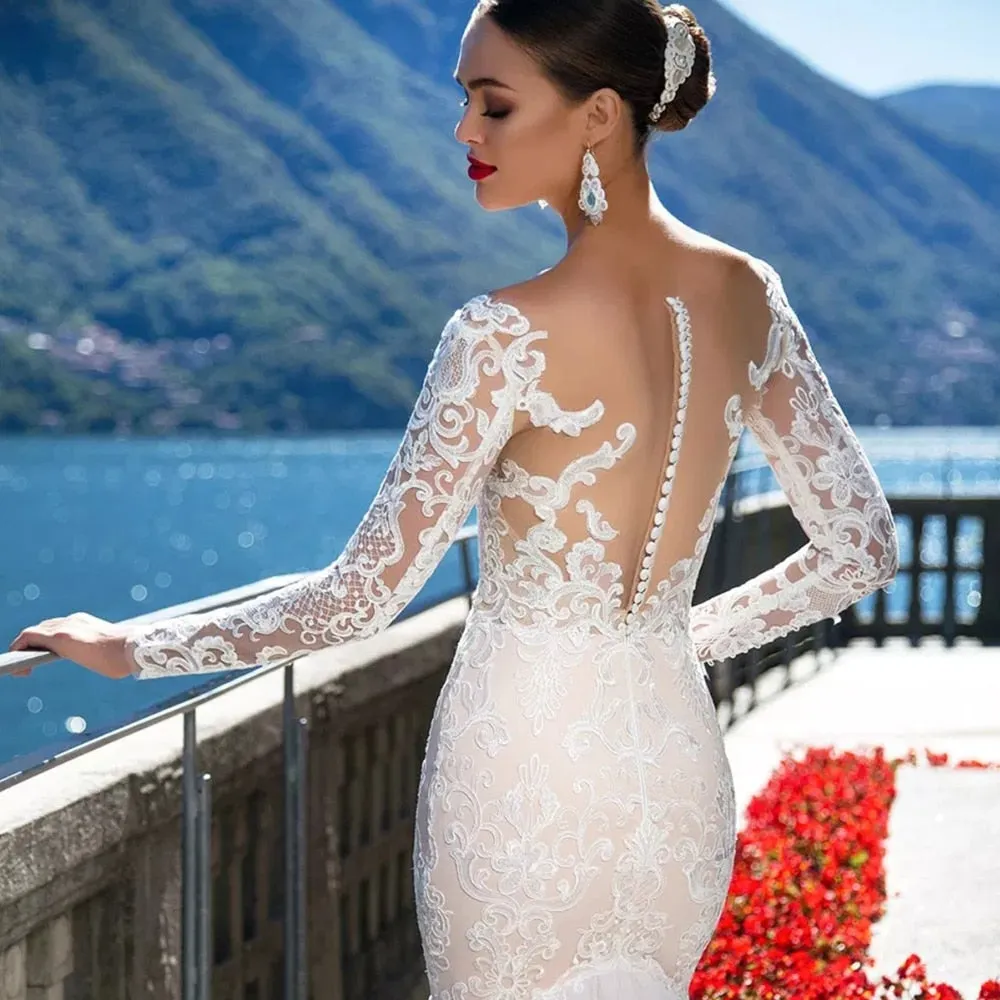 Luxury Mermaid Wedding Dress Long Sleeve And Sexy See Through Back