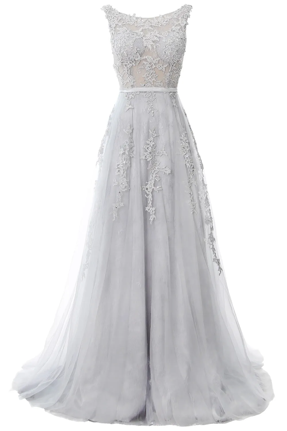 MACloth Lace Prom Dresses Boat Neck Sleeveless Lace Wedding Formal Evening Gown