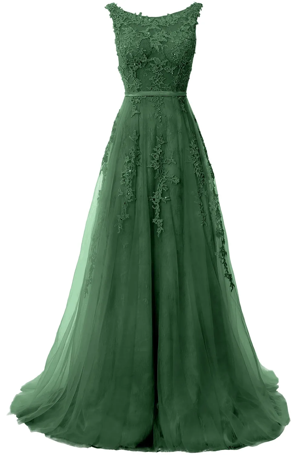 MACloth Lace Prom Dresses Boat Neck Sleeveless Lace Wedding Formal Evening Gown