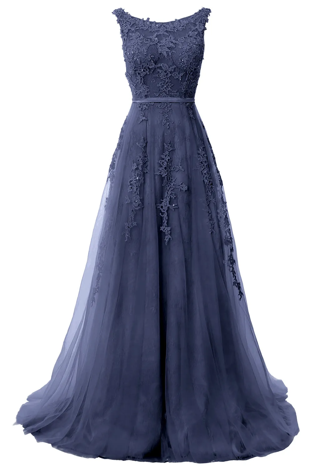 MACloth Lace Prom Dresses Boat Neck Sleeveless Lace Wedding Formal Evening Gown