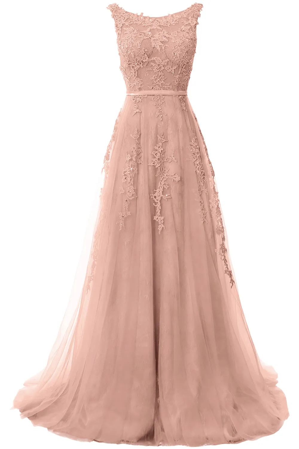 MACloth Lace Prom Dresses Boat Neck Sleeveless Lace Wedding Formal Evening Gown
