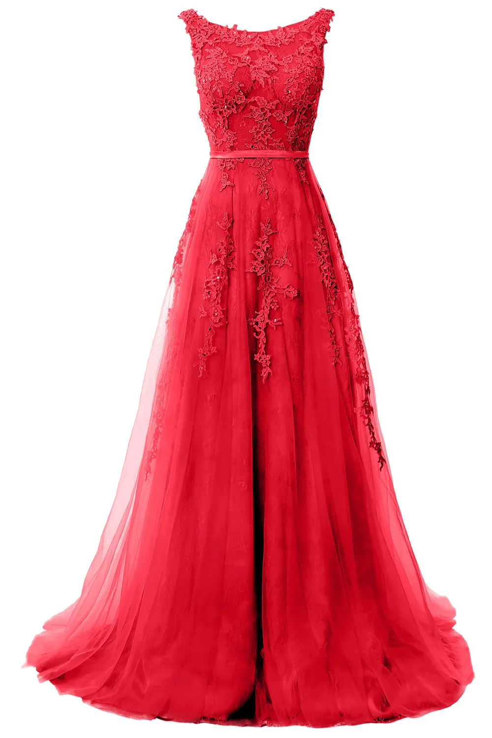 MACloth Lace Prom Dresses Boat Neck Sleeveless Lace Wedding Formal Evening Gown